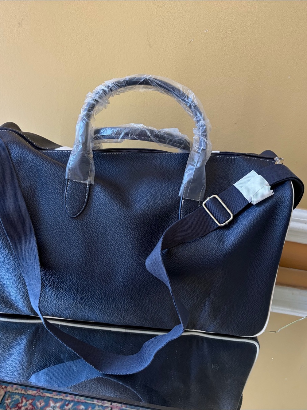 Ralph Lauren navy with white trim faux leather travel weekend duffel bag - Picture 7 of 11